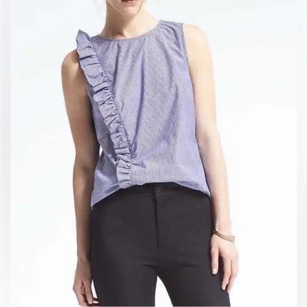 Banana Republic Women’s Size 6 Striped Side Ruffle Sleeveless Blouse Blue White